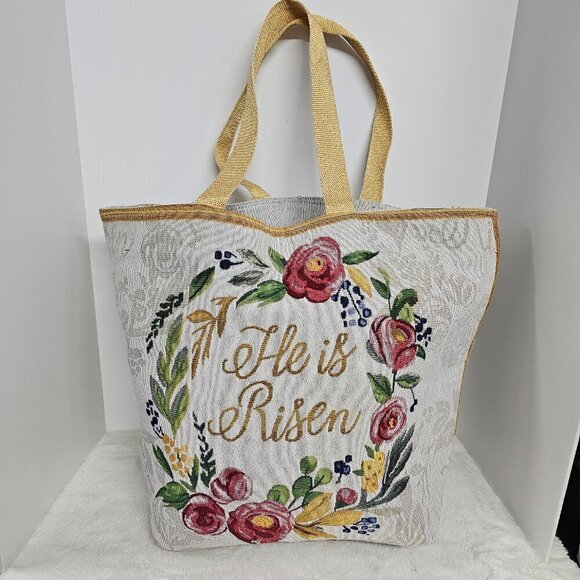 NWT Mabelle  Gray Floral Scripture Tapestry Tote Oversized - Picture 4 of 10
